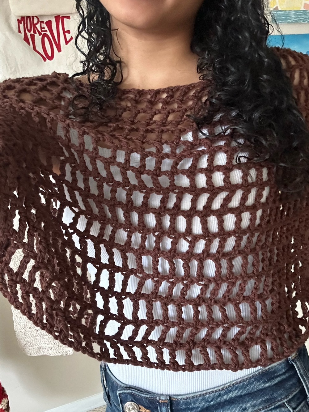 Brown Open-Knit Cropped Sweater - Women